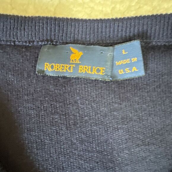 Vintage Robert Bruce V Neck Sweater Mens Large Blue Knit Ribbed Trim Made USA - Picture 2 of 8